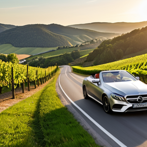 Home 4 **
"A sleek, silver Mercedes-Benz E-Class Cabriolet gliding down a winding country road in Germany on a sunny day. Top down, showcasing the luxurious interior. Focus on the elegance and open-air driving experience. Rolling green hills and vineyards in the background. Golden hour lighting."
**