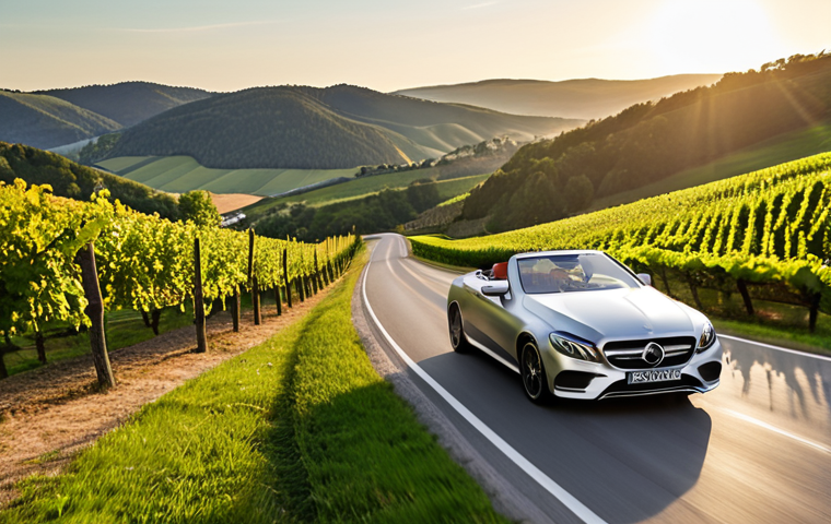 **
"A sleek, silver Mercedes-Benz E-Class Cabriolet gliding down a winding country road in Germany on a sunny day. Top down, showcasing the luxurious interior. Focus on the elegance and open-air driving experience. Rolling green hills and vineyards in the background. Golden hour lighting."
**