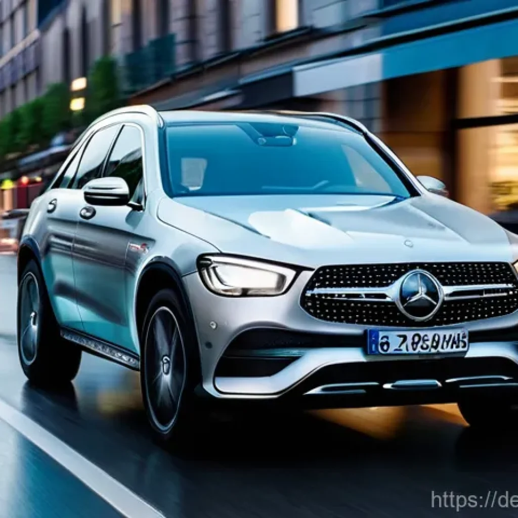 벤츠 GLC 하이브리드와 아우디 Q7 비교 - **Prompt:** A dynamic, low-angle shot of a sleek Mercedes-Benz GLC Hybrid navigating a modern, well-...