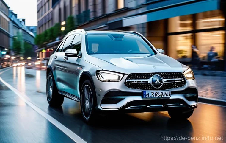 벤츠 GLC 하이브리드와 아우디 Q7 비교 - **Prompt:** A dynamic, low-angle shot of a sleek Mercedes-Benz GLC Hybrid navigating a modern, well-...