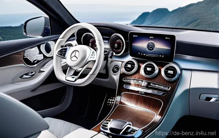 벤츠 GLC 하이브리드와 아우디 Q7 비교 - **Prompt:** An expansive, serene interior shot from the rear seat of an Audi Q7 TFSI e, looking forw...
