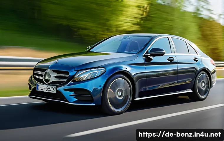 벤츠 C클래스 디젤과 가솔린 모델 선택 - A detailed, realistic scene of a Mercedes C-Class Diesel model driving smoothly on a German Autobahn...