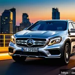Home 19 벤츠 GLA와 기아 스포티지 비교 - A sleek, modern Mercedes GLA compact SUV parked in an urban setting at dusk, featuring a sharp, eleg...