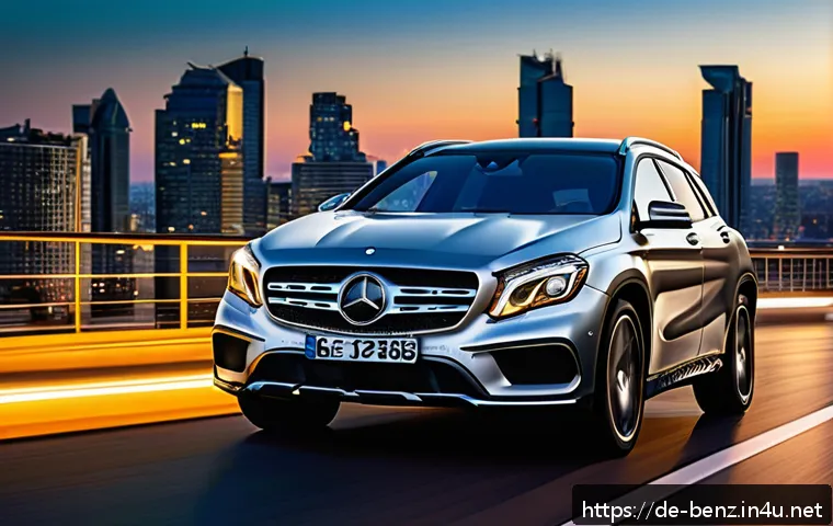 벤츠 GLA와 기아 스포티지 비교 - A sleek, modern Mercedes GLA compact SUV parked in an urban setting at dusk, featuring a sharp, eleg...