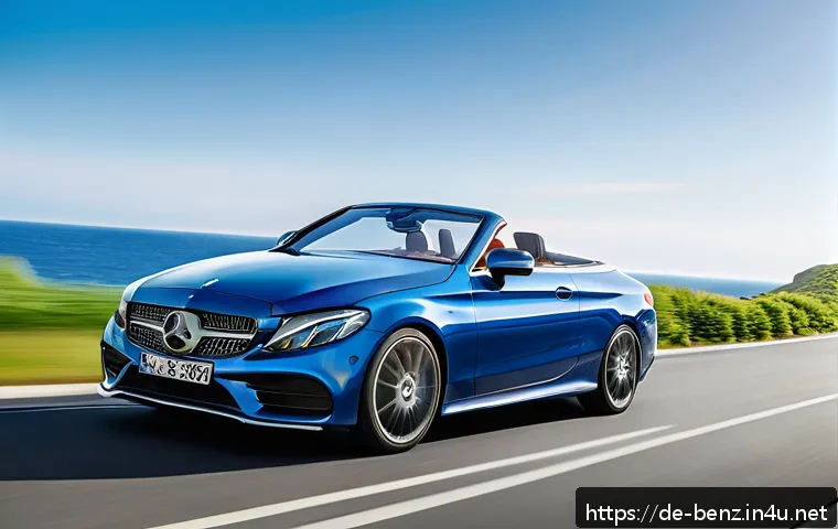 벤츠 C클래스 카브리올레의 장점 - A sleek Mercedes C-Class Cabriolet driving along a scenic coastal road in summer, top down, capturin...