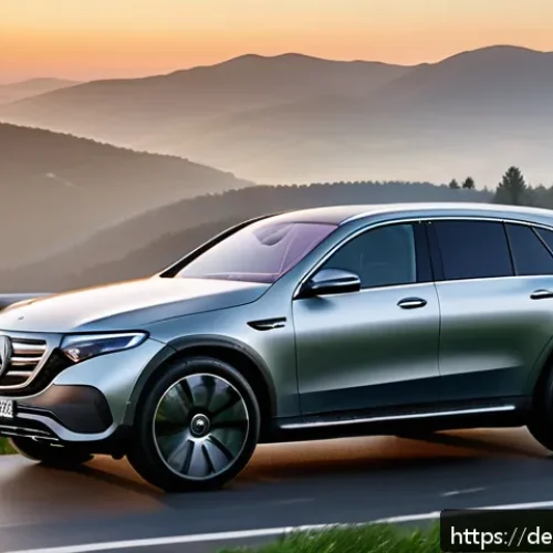 Home 17 벤츠 EQC의 친환경 인증 - A sleek, modern Mercedes EQC electric SUV parked on a scenic German autobahn overlook at sunset, sho...