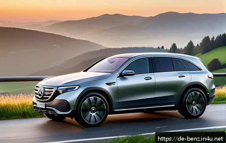 벤츠 EQC의 친환경 인증 - A sleek, modern Mercedes EQC electric SUV parked on a scenic German autobahn overlook at sunset, sho...